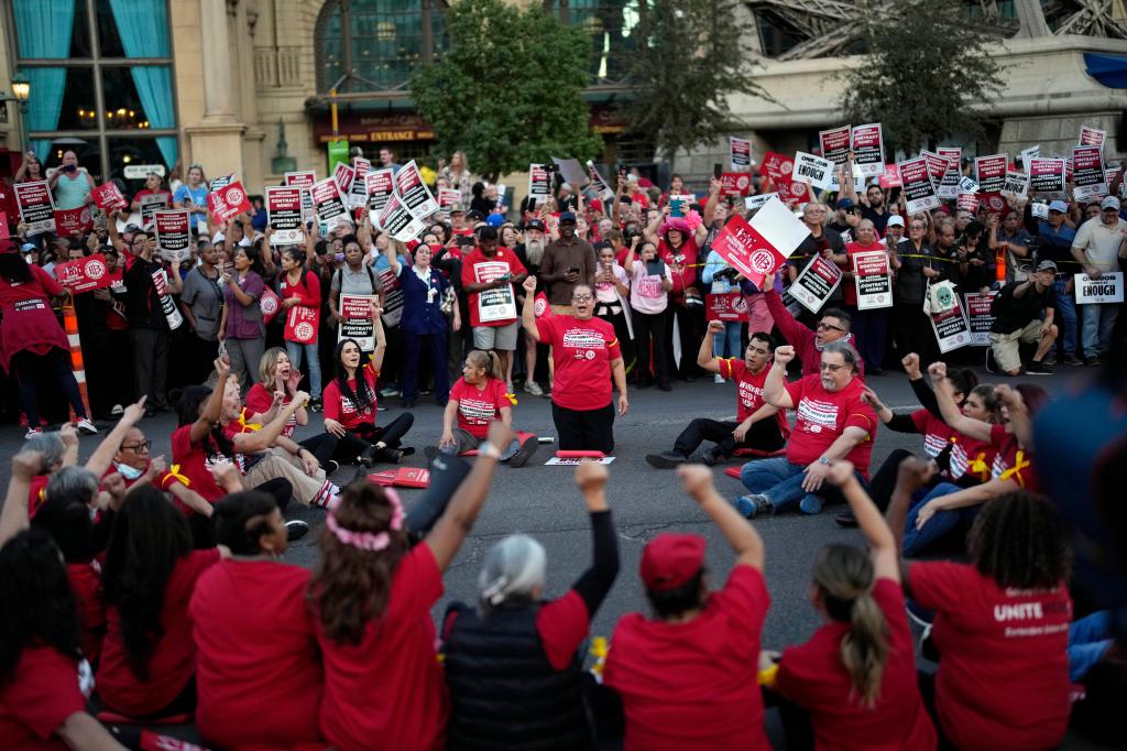 Strikers in Las Vegas in 2023. Sin City is unusual in that its highly-regulated gaming industry makes it almost impossible to employ undocumented workers.