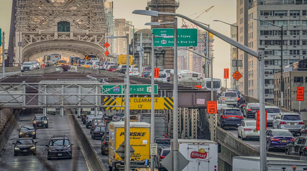 Congested traffic entering and leaving mid-town Manhattan via the Queensboro Bridge on a busy 2024 day.