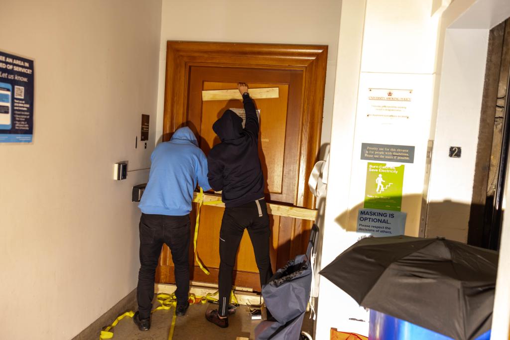 Pro-Palestinian demonstrators barricading themselves inside Hamilton Hall at Columbia University in 2024