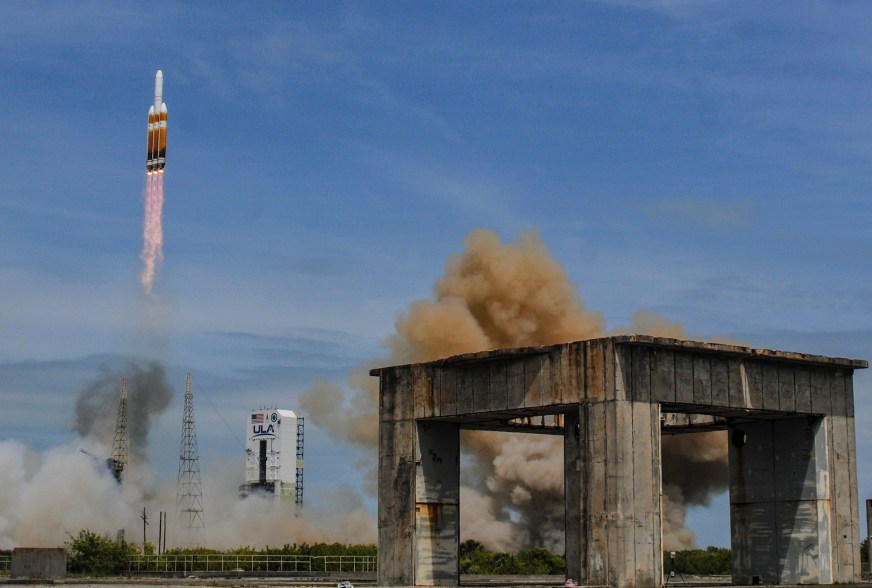 A United Launch Alliance Delta IV heavy rocket carrying classified spy satellite cargo for the U.S. National Reconnaissance Office lifts off from Space Launch Complex 37B at the Cape Canaveral Space Force Station, Tuesday, April 9, 2024, in Cape Canaveral, Fla.