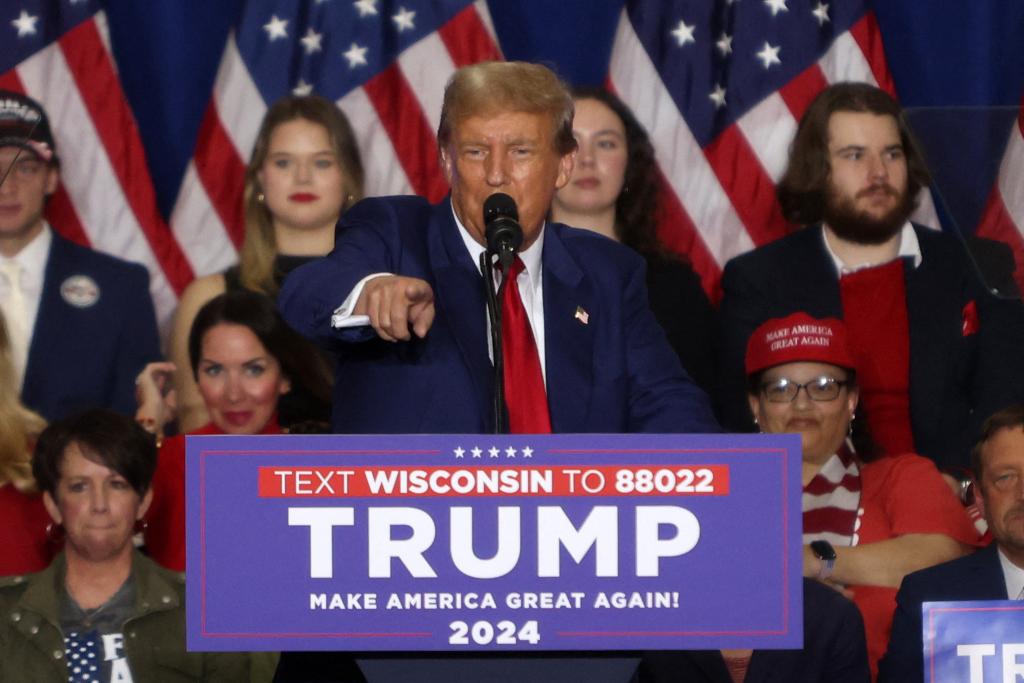  Donald Trump speaks during a campaign rally at the Hyatt Regency in Green Bay, Wisconsin, on April 2, 2024.