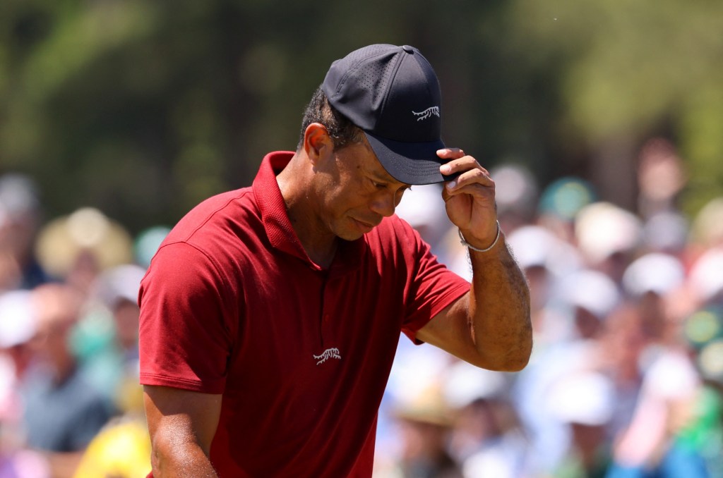 Tiger Woods reacts during the final round of the 2024 Masters on Sunday.