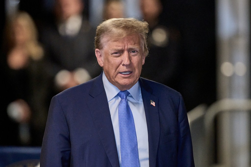 Former U.S. President Donald Trump speaking to the media outside Manhattan criminal court in New York