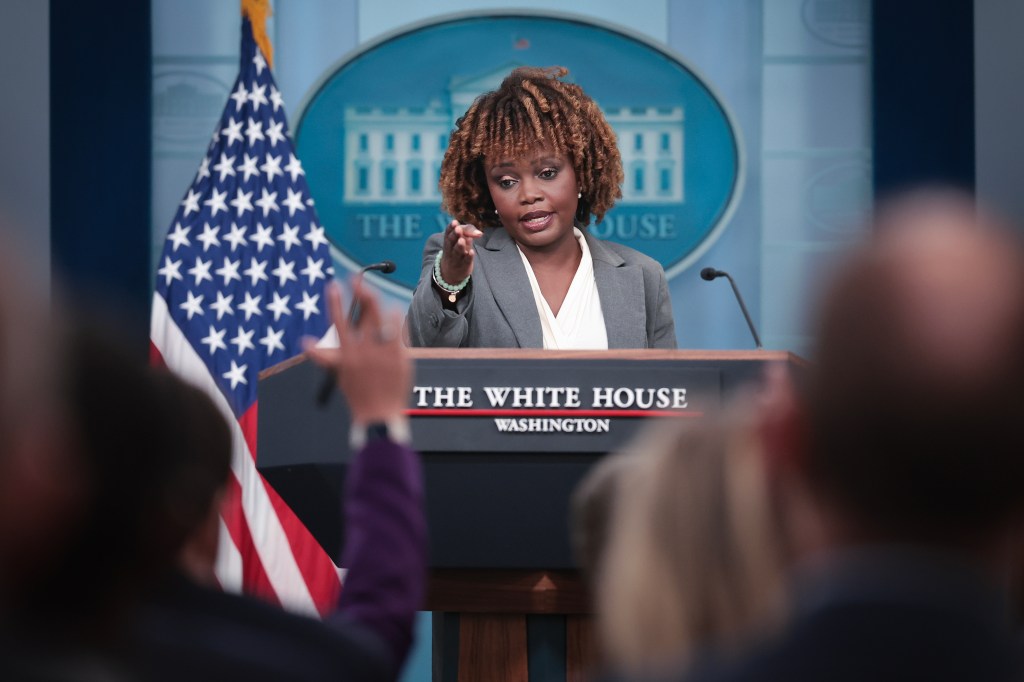 White House press secretary Karine Jean-Pierre speaks during the daily White House briefing on April 19, 2024 in Washington, DC