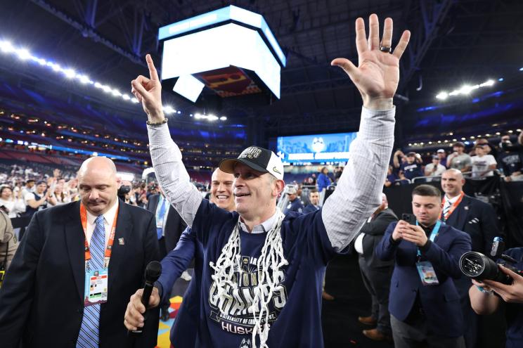 Head coach Dan Hurley of the Connecticut Huskies celebrates the tournament win.