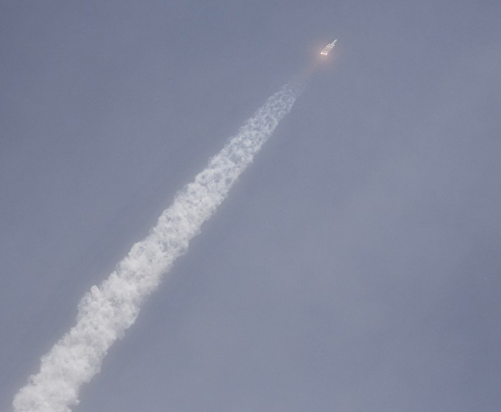 A United Launch Alliance Delta IV heavy rocket carrying classified spy satellite cargo for the U.S. National Reconnaissance Office lifts off from Space Launch Complex 37B at the Cape Canaveral Space Force Station, Tuesday, April 9, 2024, in Cape Canaveral, Fla.