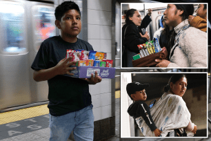 Migrant youngsters peddling sweets.