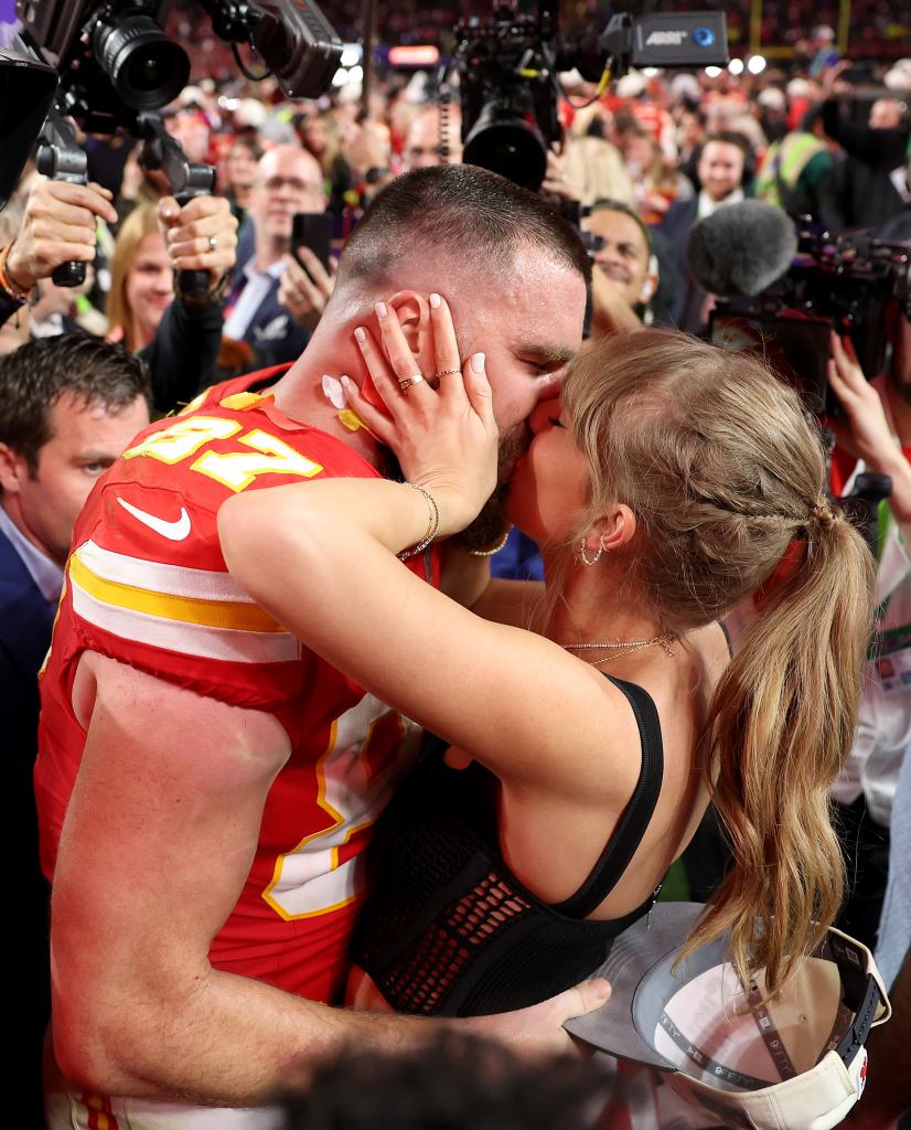 Travis Kelce #87 of the Kansas City Chiefs kisses Taylor Swift after defeating the San Francisco 49ers 2 during Super Bowl LVIII at Allegiant Stadium on February 11, 2024 in Las Vegas, Nevada.  