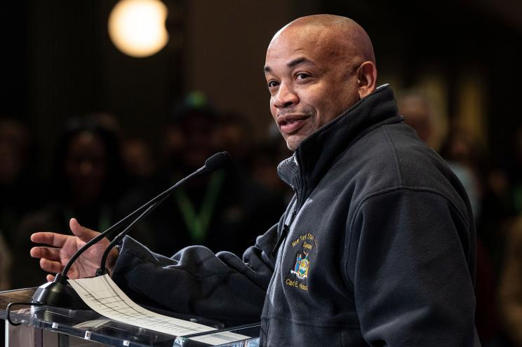 New York State Assembly Speaker Carl Heastie speaks at the opening of Google's newest office building St. John Terminal in New York.