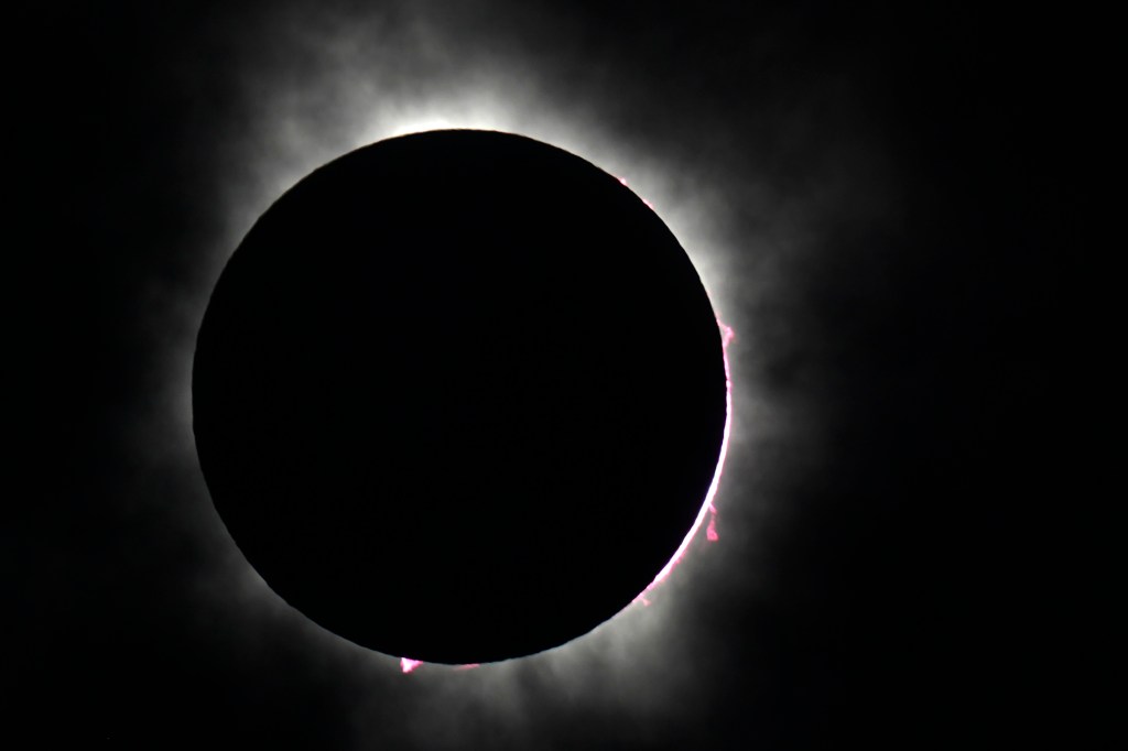 The solar eclipse at peak totality as seen from Forth Worth, Texas on April 8, 2024.