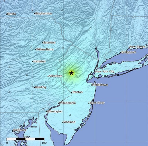 This image provided by US Geological Survey shows the epicenter of an earthquake on the East Coast on Friday, April 5, 2024.