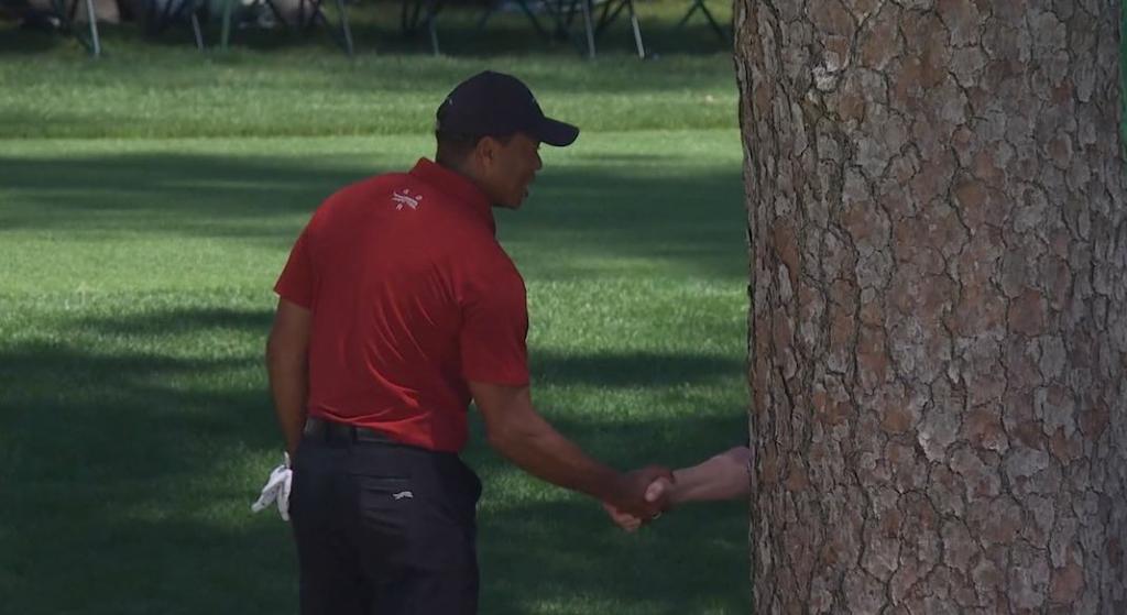 Tiger Woods shakes Verne Lundquist's hand.