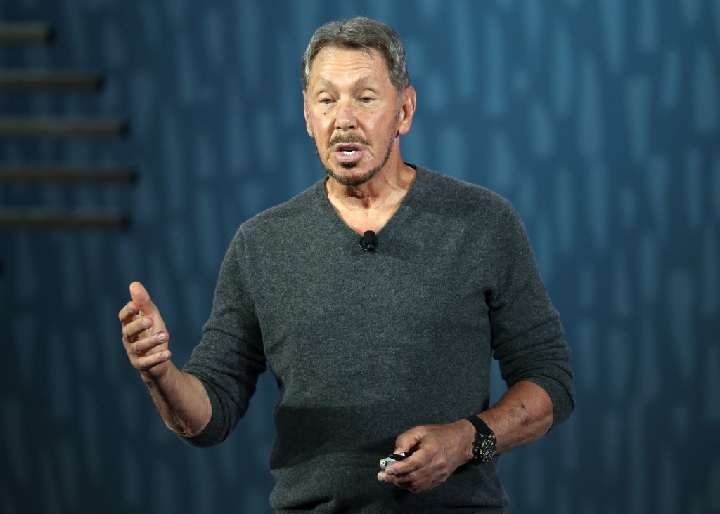 Oracle Founder Larry Ellison delivers a keynote address during the 2019 Oracle OpenWorld on Sept. 16, 2019.