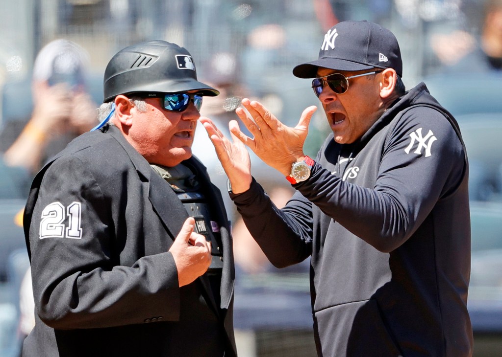  New York Yankees manager Aaron Boone, right, argues with umpire Hunter Wendelstedt during the first inning of the baseball game against the Oakland Athletics at Yankee Stadium Monday, April 22, 2024