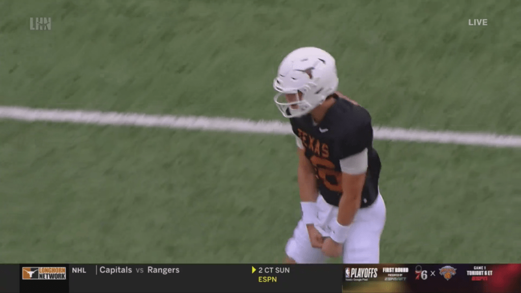 Arch Manning celebrates his 75-yard touchdown to put the White team on the board during Texas' spring game.