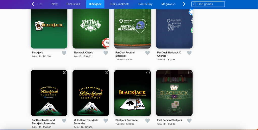 Examples of Blackjack at FanDuel Casino. 