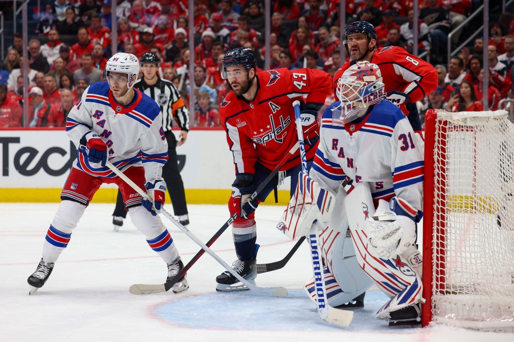 Tom Wilson #43 of the Washington Capitals sets up in front of Igor Shesterkin #31 of the New York Rangers in Game Three of the First Round of the 2024 Stanley Cup Playoffs at Capital One Arena on April 26, 2024 in Washington, D.C. 