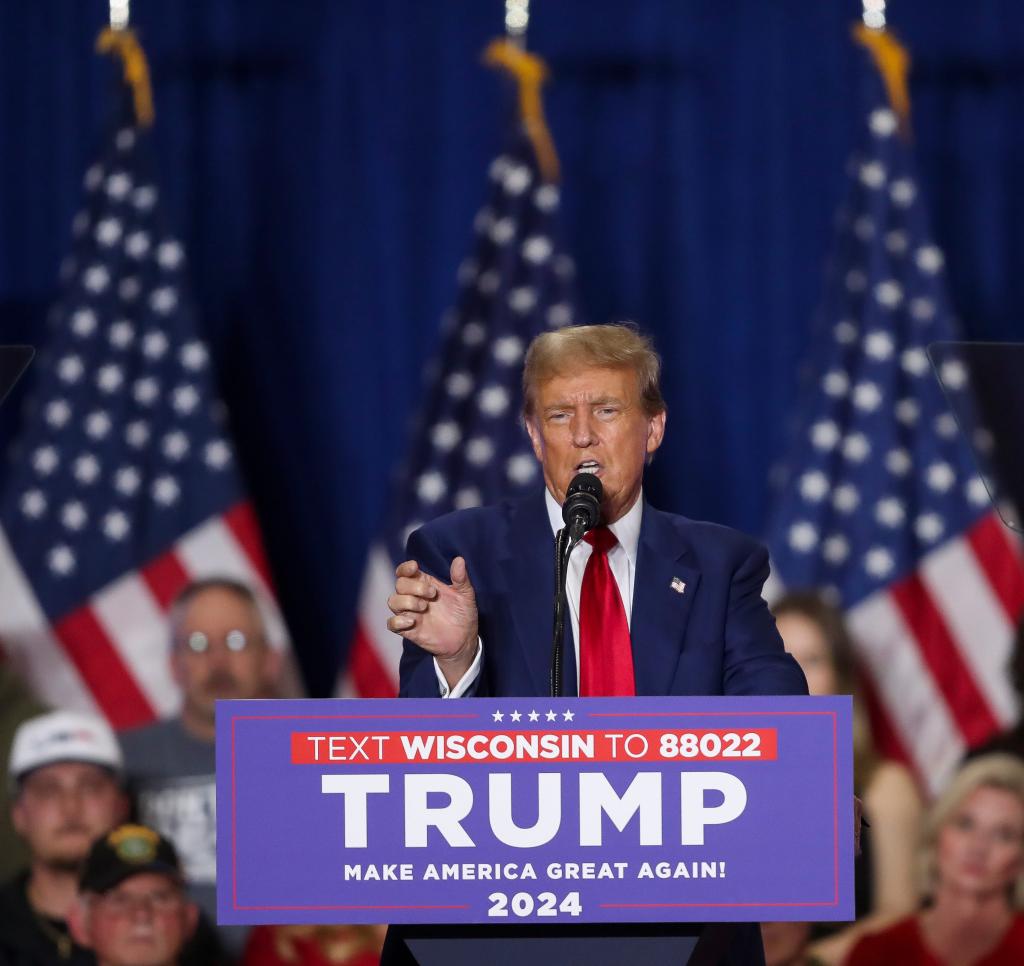 Donald Trump addresses his supporters during a Donald Trump campaign rally on Tuesday, April 2, 2024 at the KI Convention Center in Green Bay, Wis.