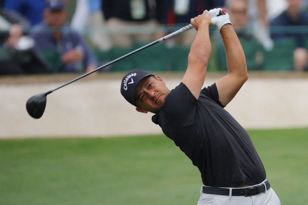 Xander Schauffele hits a tee shot on the third hole during his Tuesday Masters practice round at Augusta National.