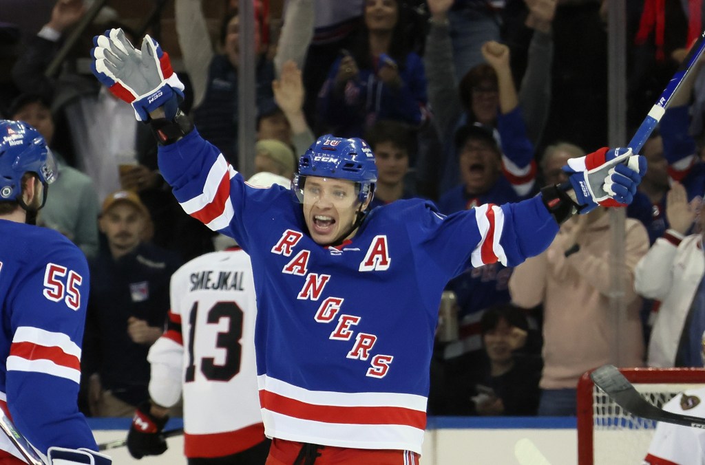 Artemi Panarin #10 of the New York Rangers celebrates his third period goal against the Ottawa Senators at Madison Square Garden on April 15, 2024 in New York City.