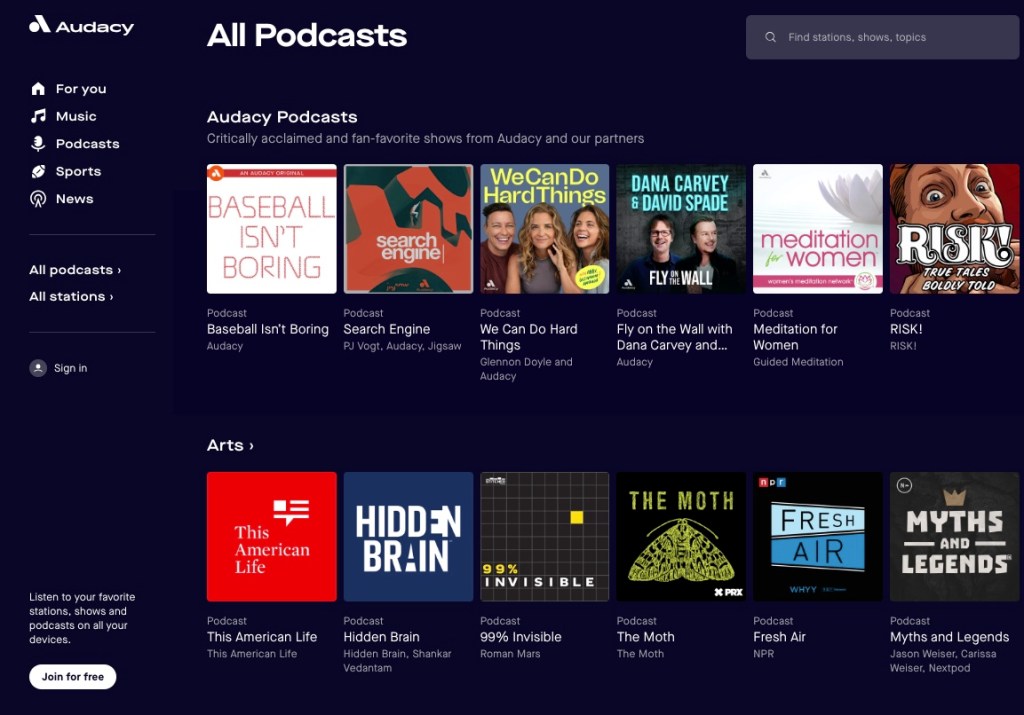 Screenshot of Audacy podcast user interface featuring music app with Abby Wambach