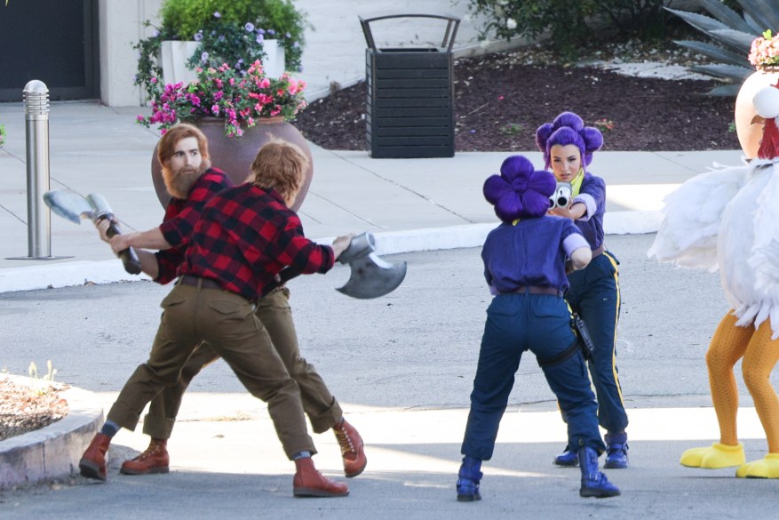 Chris Hemsworth in costume with a sword on his back on the set of a 'Clash Of Clans' commercial in Los Angeles.