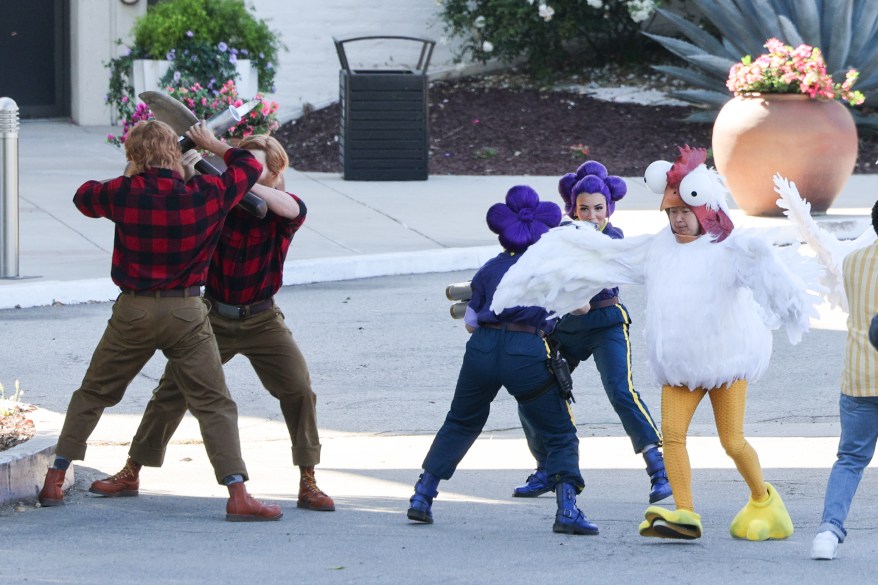 Chris Hemsworth in costume with a sword on his back on the set of a 'Clash Of Clans' commercial in Los Angeles.