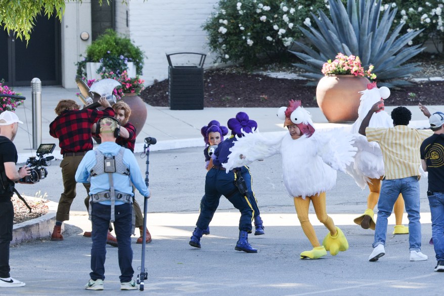 Chris Hemsworth in costume with a sword on his back on the set of a 'Clash Of Clans' commercial in Los Angeles.