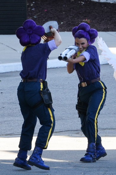 Chris Hemsworth in costume with a sword on his back on the set of a 'Clash Of Clans' commercial in Los Angeles.