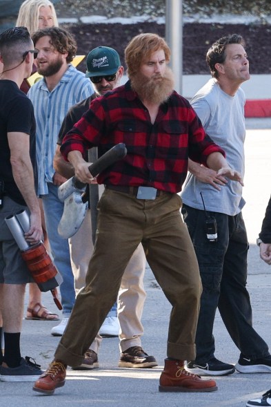 Chris Hemsworth in costume with a sword on his back on the set of a 'Clash Of Clans' commercial in Los Angeles.