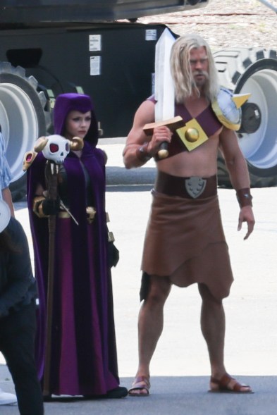 Chris Hemsworth in costume with a sword on his back on the set of a 'Clash Of Clans' commercial in Los Angeles.