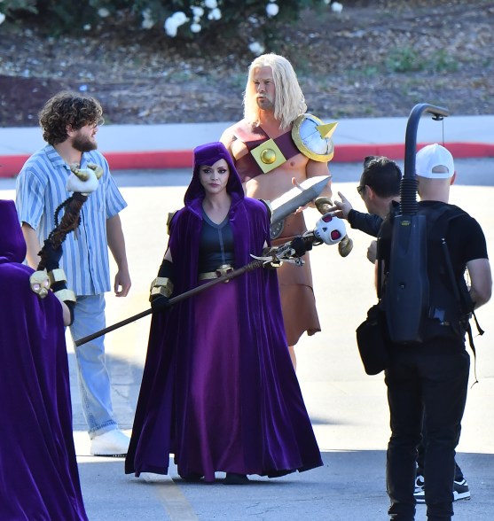 Chris Hemsworth in costume with a sword on his back on the set of a 'Clash Of Clans' commercial in Los Angeles.