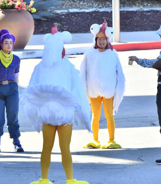 Chris Hemsworth in costume with a sword on his back on the set of a 'Clash Of Clans' commercial in Los Angeles.