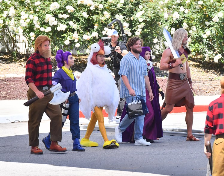 Chris Hemsworth in costume with a sword on his back on the set of a 'Clash Of Clans' commercial in Los Angeles.