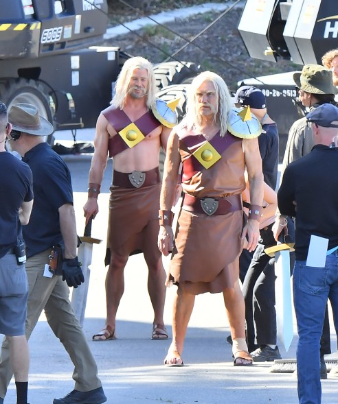 Chris Hemsworth in costume with a sword on his back on the set of a 'Clash Of Clans' commercial in Los Angeles.