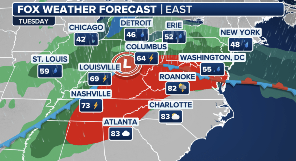 The Great Lakes get rain changing to snow but the Northeast stays mainly rain. 