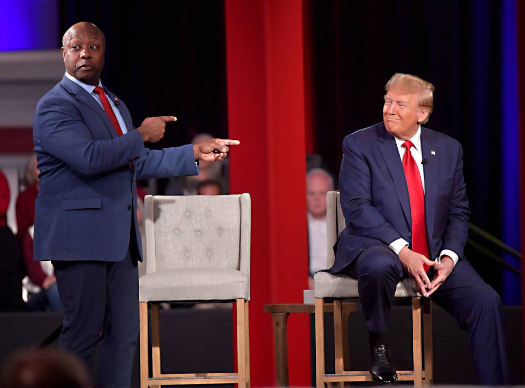 The former President was in town for a Ingraham Angle Town Hall at the Greenville Convention Center on Tuesday, Feb. 20, 2024. South Carolina Sen. Tim Scott, left, joins Trump on stage.