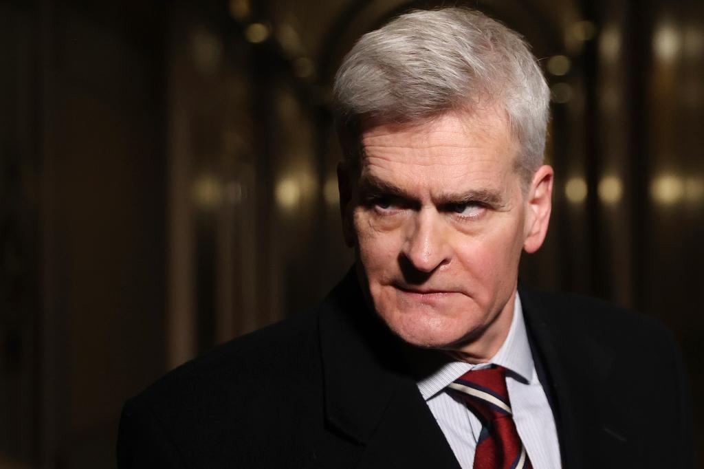 Senator Bill Cassidy (R-LA) talks with reporters as he leaves the Capitol after the first day of former US President Donald Trump's second impeachment trial February 9, 2021 in Washington, DC