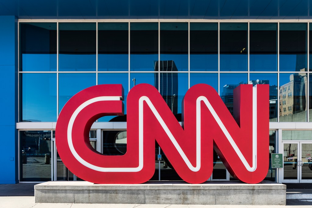 CNN World Headquarters building with a large red sign in downtown Atlanta, Georgia, United States