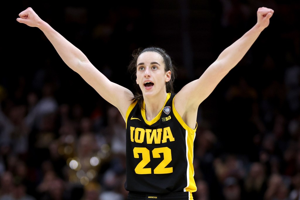 Caitlin Clark #22 of the Iowa Hawkeyes reacts in the second half during the 2024 NCAA Women's Basketball Tournament National Championship game against the South Carolina Gamecocks at Rocket Mortgage FieldHouse on April 07, 2024 in Cleveland, Ohio.