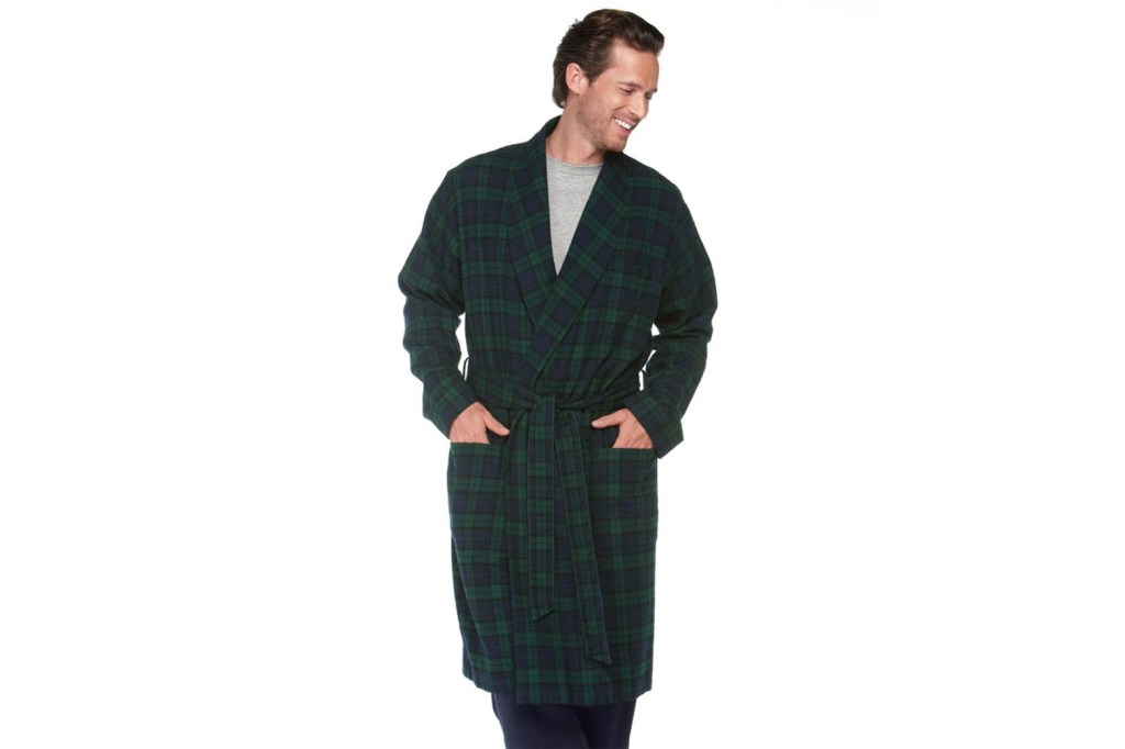 A man wearing a flannel robe