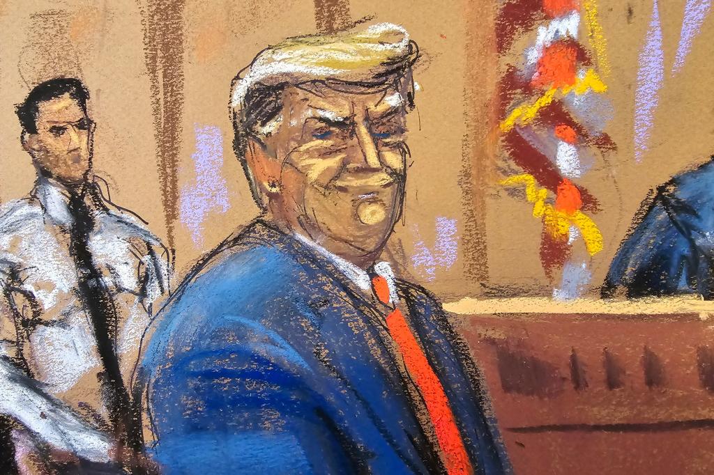 Former U.S. President Donald Trump smiles to the jury pool as he is introduced to them on April 15, 2024.