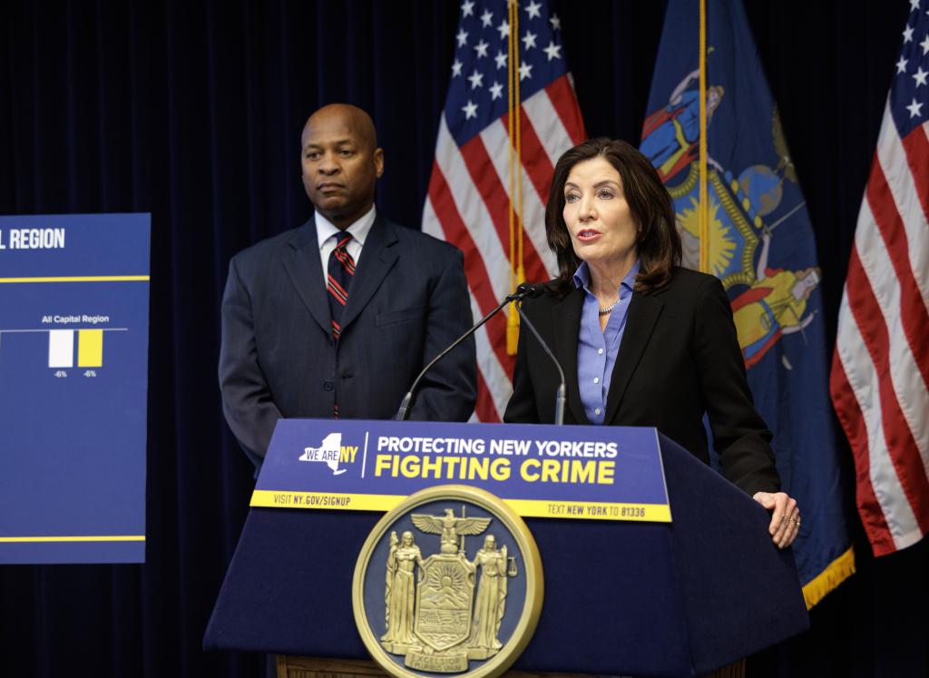 Gov. Kathy Hochul speaking at a podium.