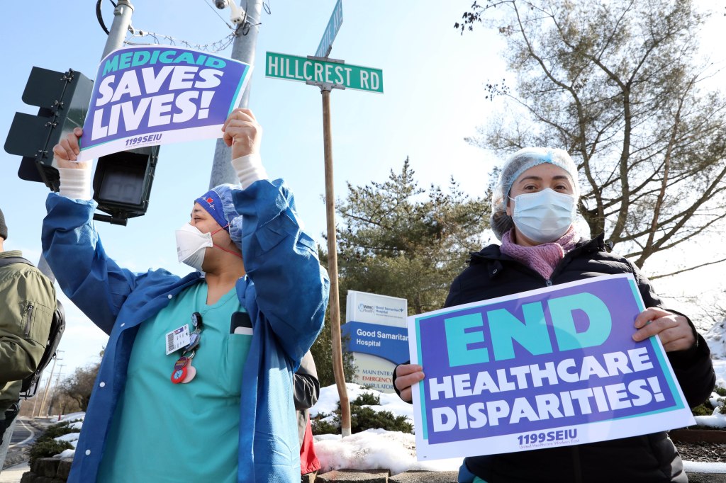 United Healthcare Workers East, rally outside Good Samaritan Hospital against budget cuts in hospitals and for better Medicaid funding Feb. 22 2024