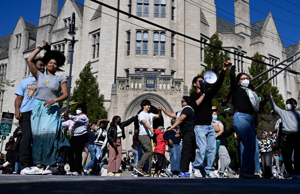 Yale students dancing and chanting at the protest.