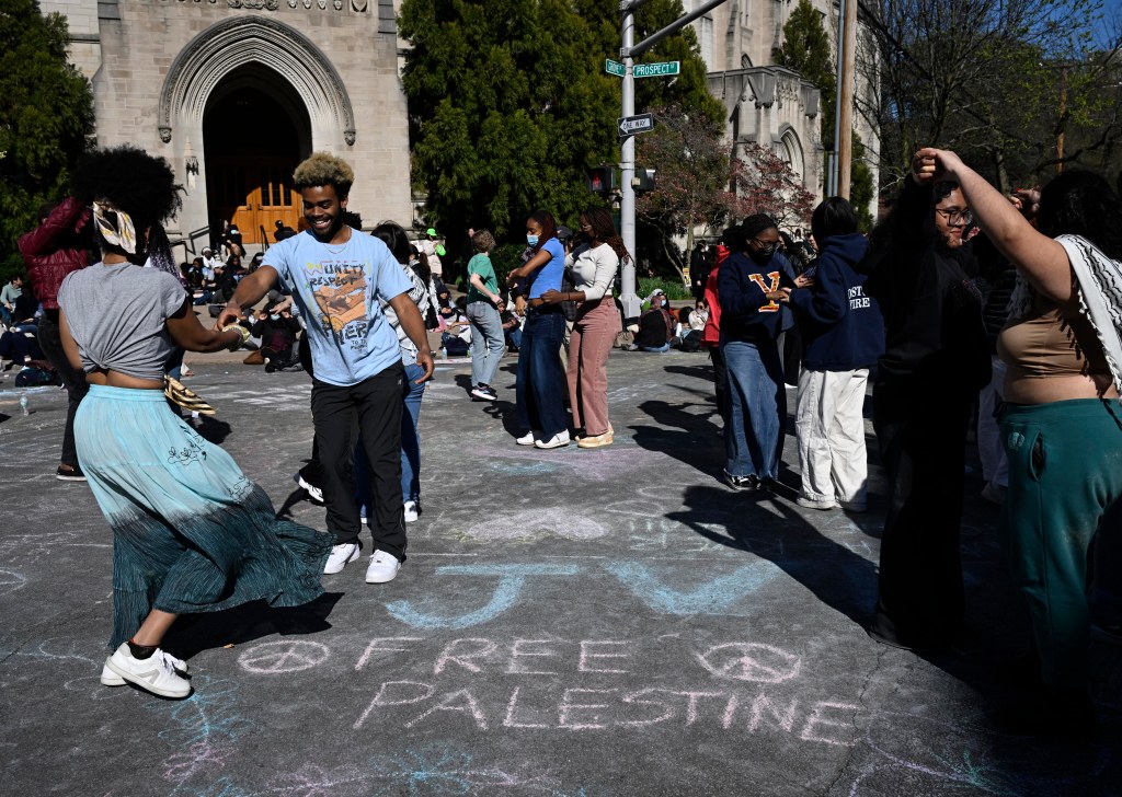 Yale students dancing during the anti-Israel protest.