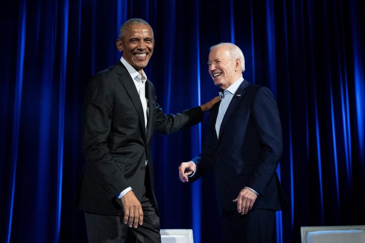 Former US President Barack Obama (L) and President Joe Biden arrive for a campaign fundraising event at Radio City Music Hall in New York City on March 28, 2024.