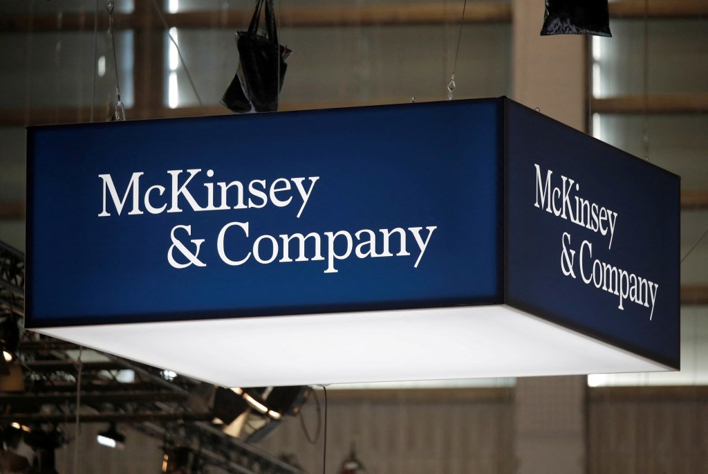 Logo of consulting firm McKinsey and Company at the Viva Tech event in Paris, France