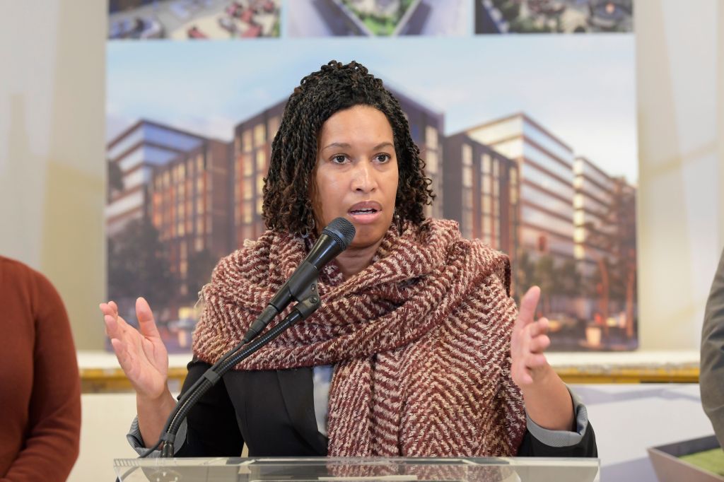 Mayor Muriel Bowser is speaking about the Launch Housing in Downtown Program during a press conference at Elle Apartments/Downtown in Washington, D.C., USA, on March 11, 2024.