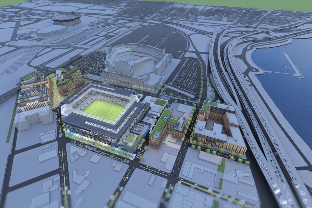 A rendering of the planned soccer stadium in Queens.